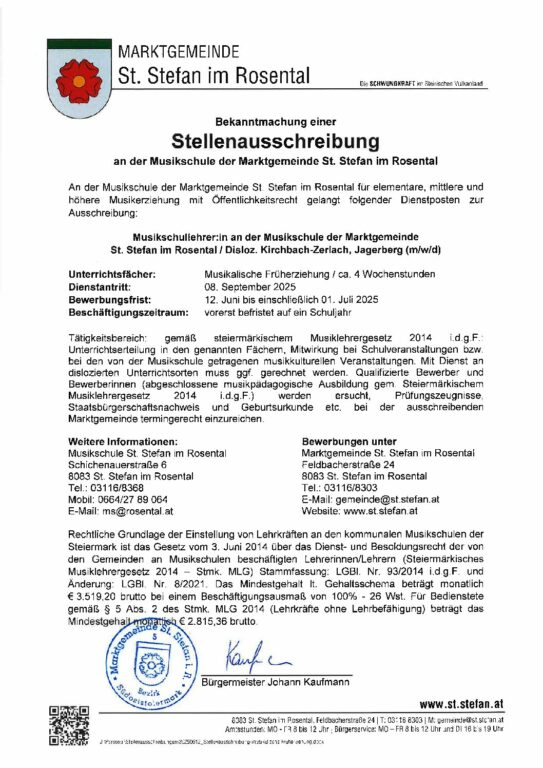 20250612 Stellenausschreibung musikalische Früherziehung